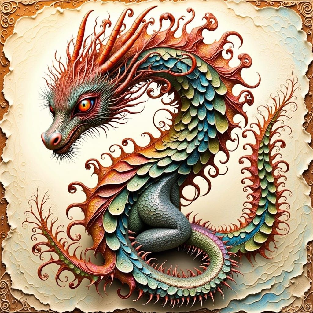 Intricately Detailed Botanical Dragon in Whimsical Style