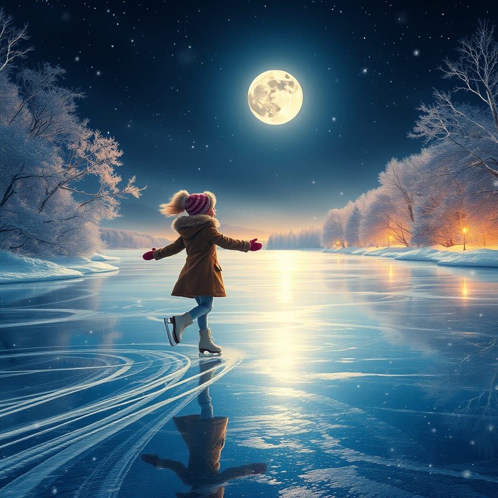 Ethereal Girl Under Full Moonlit Snowy Trees in Winter Wonde...