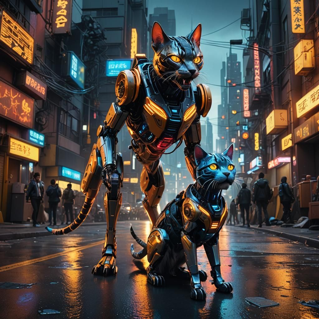 Futuristic Robot Cat Confronts Robot Dog in Neon-Lit City St...