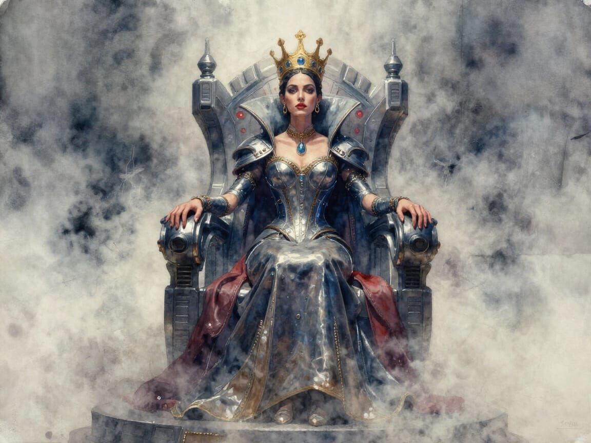 Cyberpunk Spanish Queen on Futuristic Throne in Fog