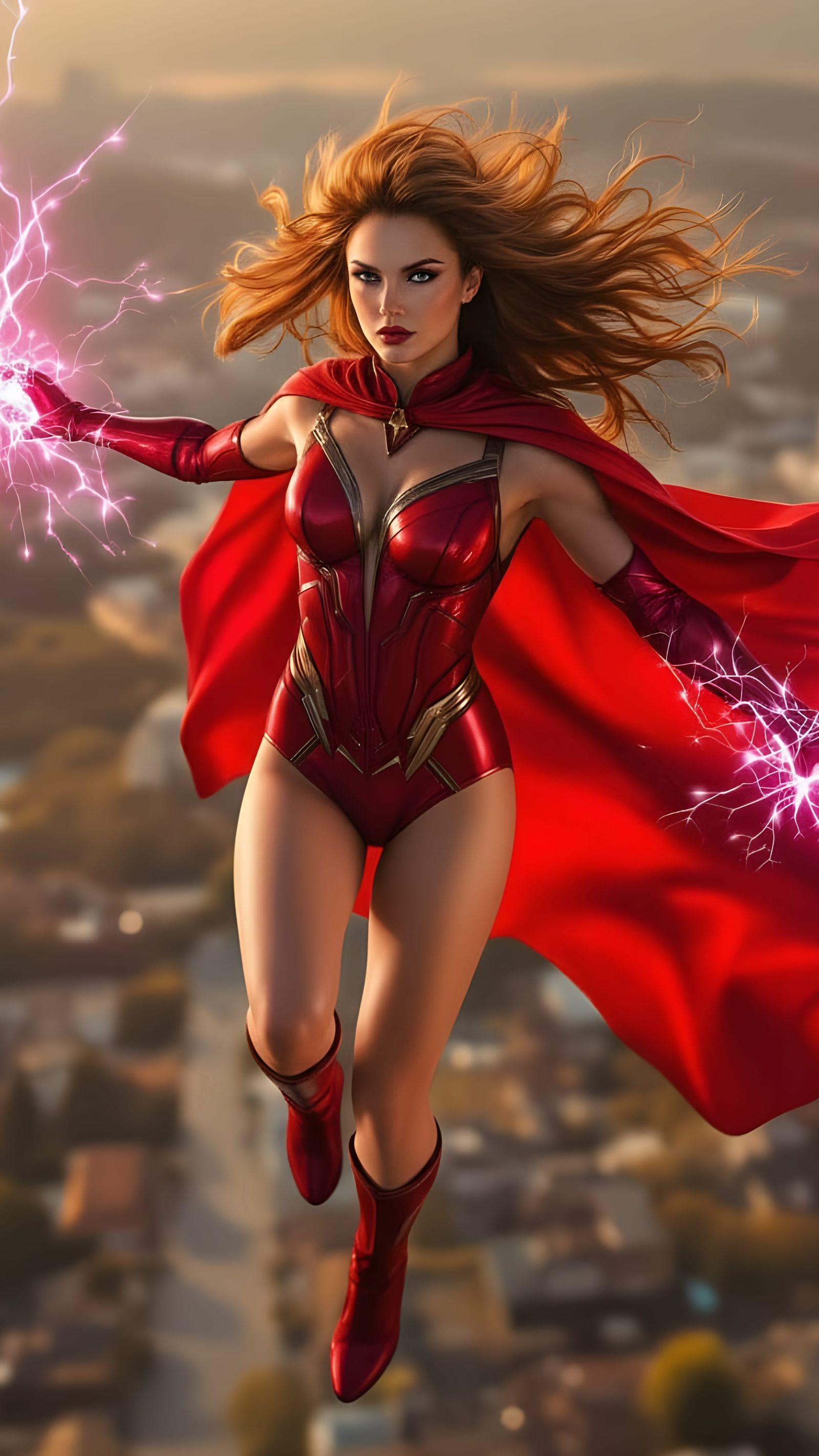 Scarlet Witch Levitation Over Town in 80s Costume