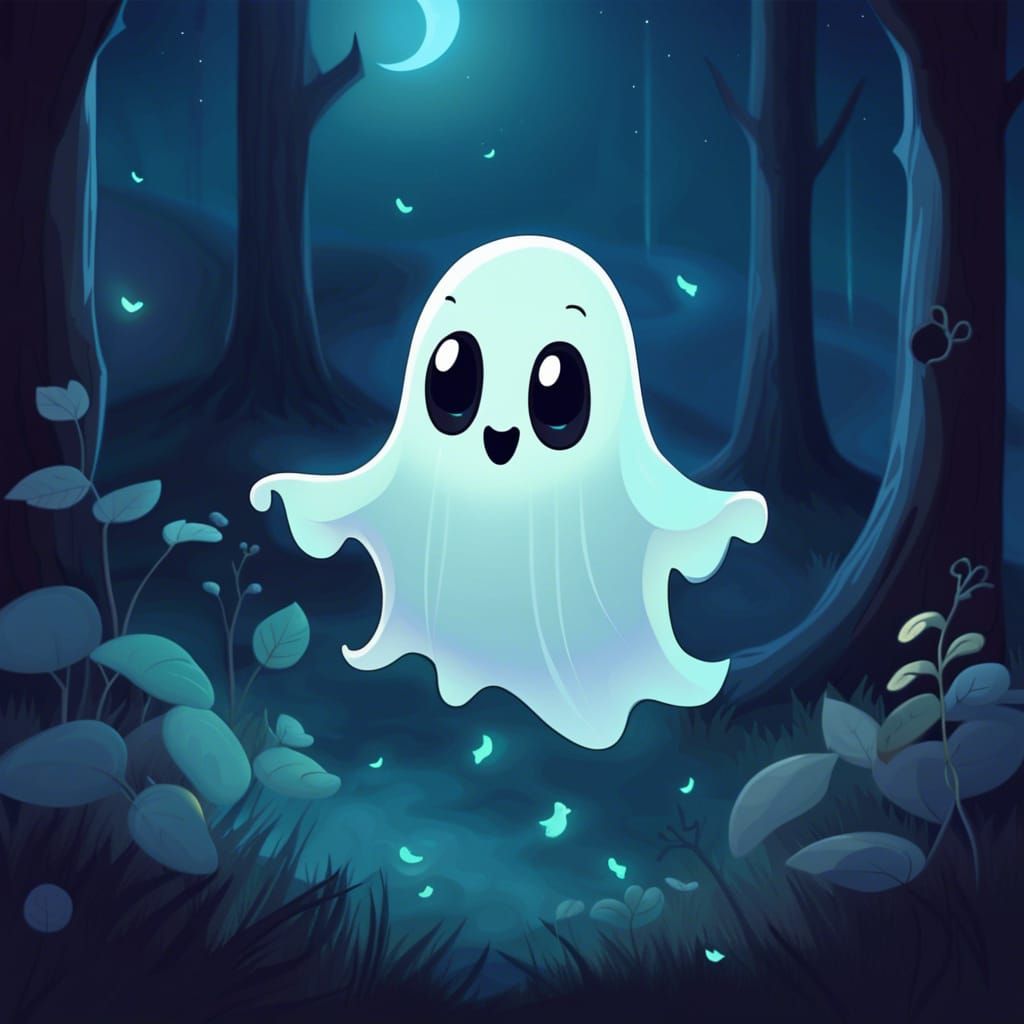 Cute Ghost Floating in Night Woods