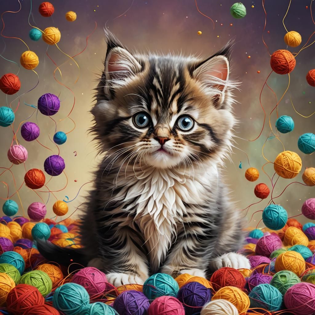 Playful Persian Kitten with Yarn, Detailed Matte Painting