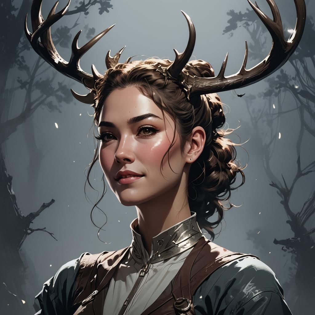 Girl with Antlers in Moonlight, Digital Art