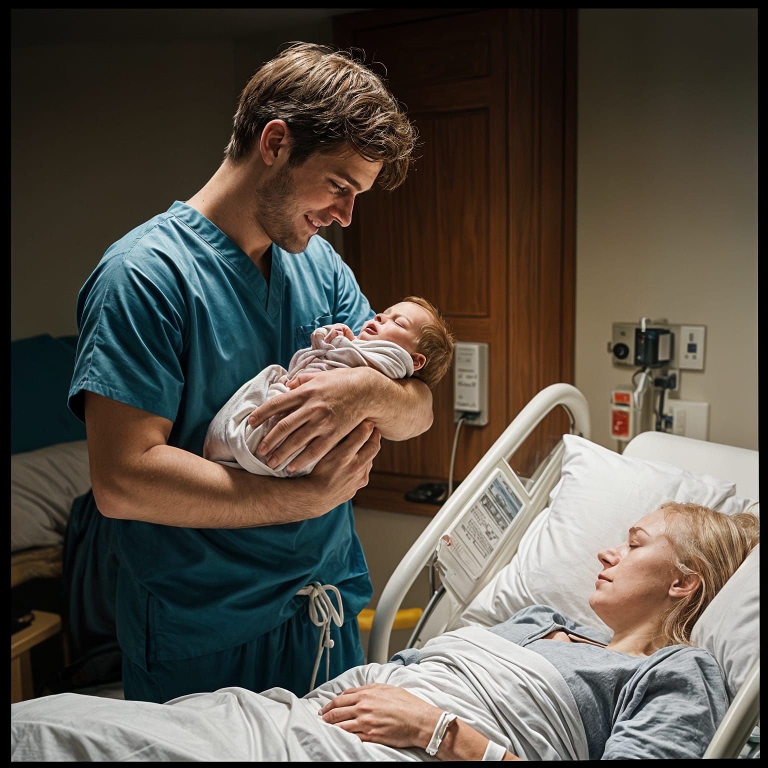 Joyful Father Holds Newborn Baby in Cinematic Hospital Scene