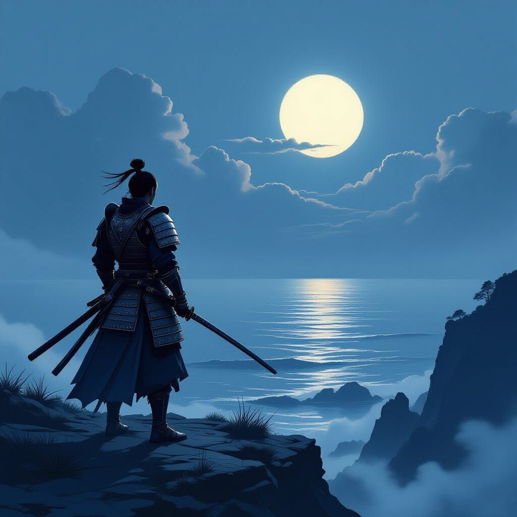 Samurai Warrior on Cliff Overlooking Ocean