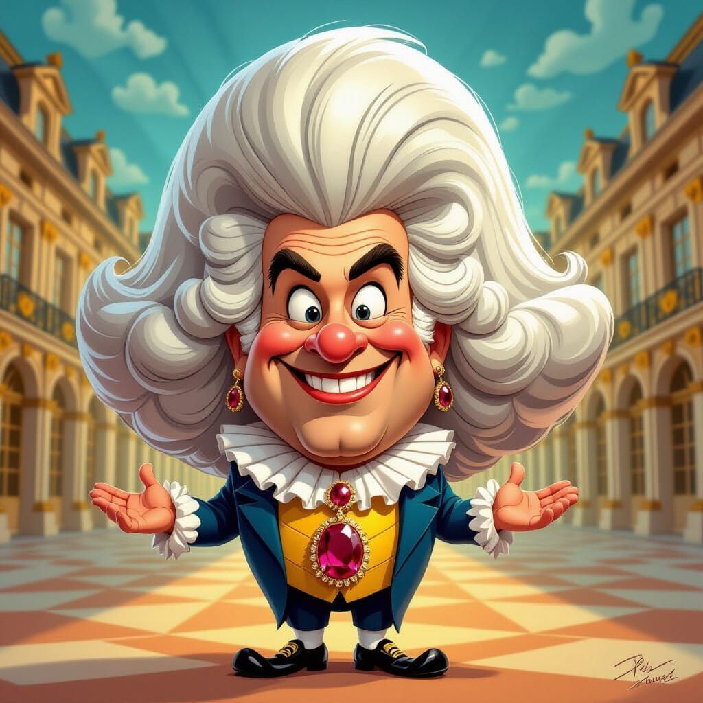 Exaggerated King Louis XIV Caricature in Cartoon Style