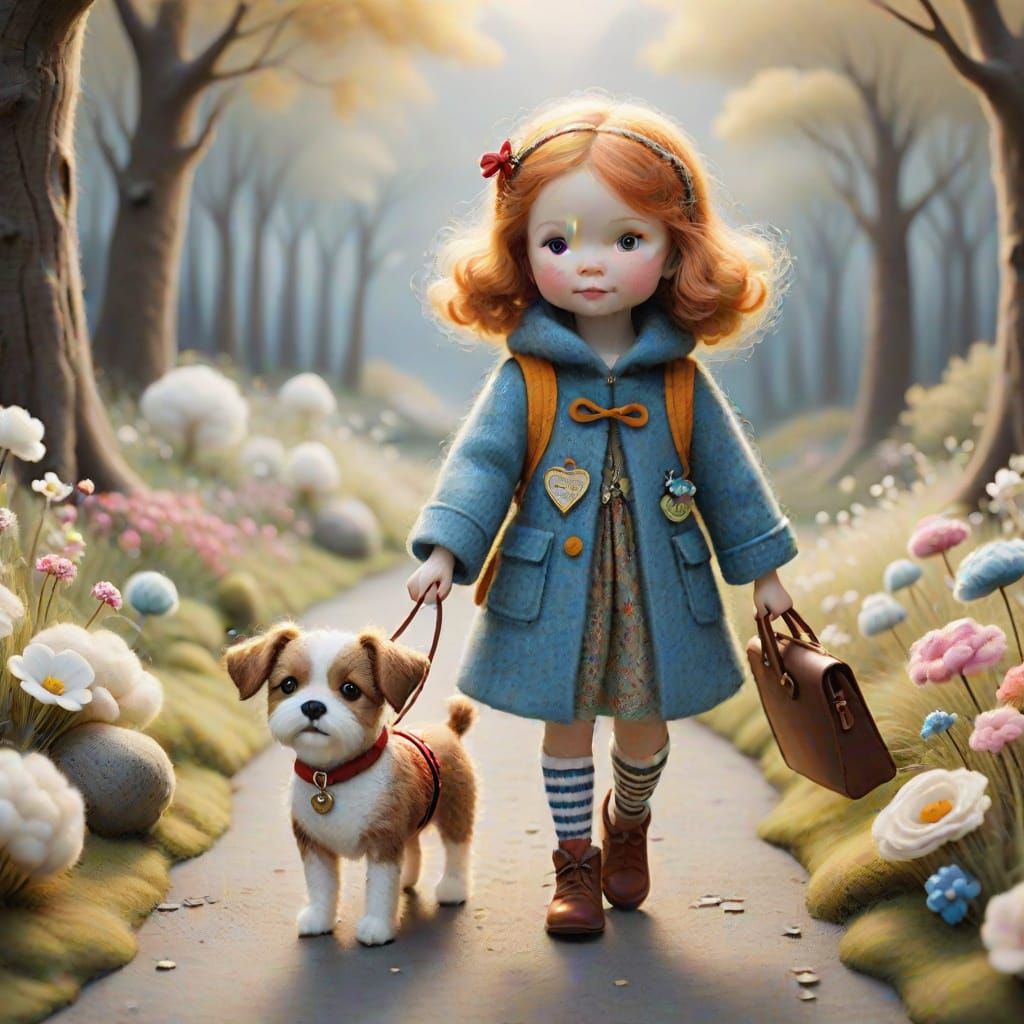Whimsical Children's Fairytale Scene with Cute Dog Walker