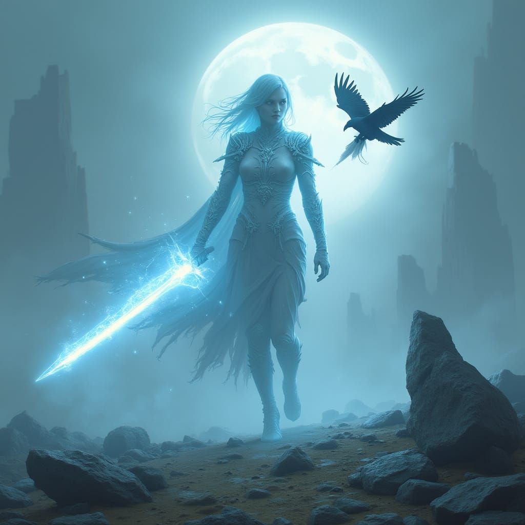 Spectral Warrior Woman with Moonlight Sword