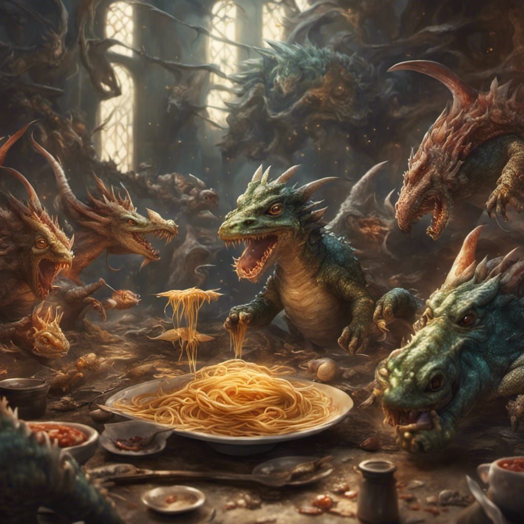 Baby Dragons Eating Spaghetti, Dark Fantasy Concept Art