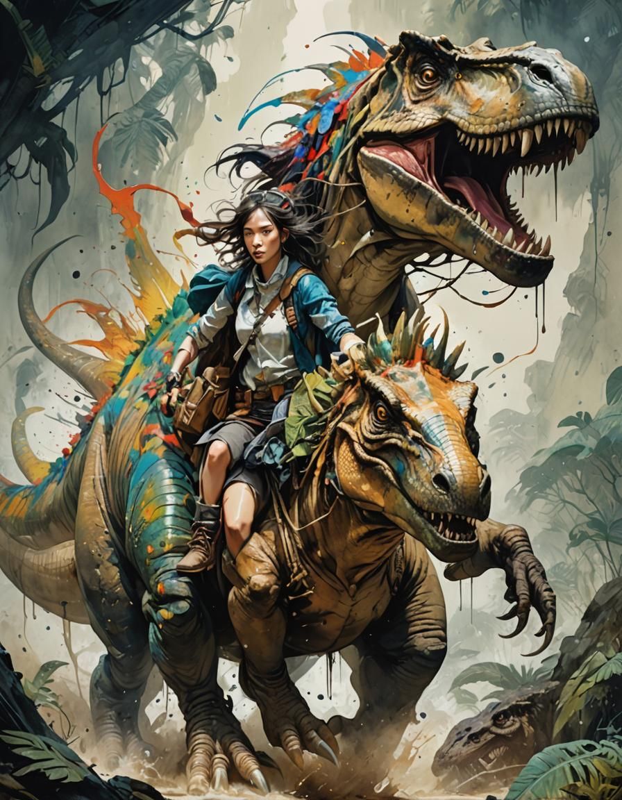 Girl Rides T-Rex: Photorealistic Ink Flow Portrait