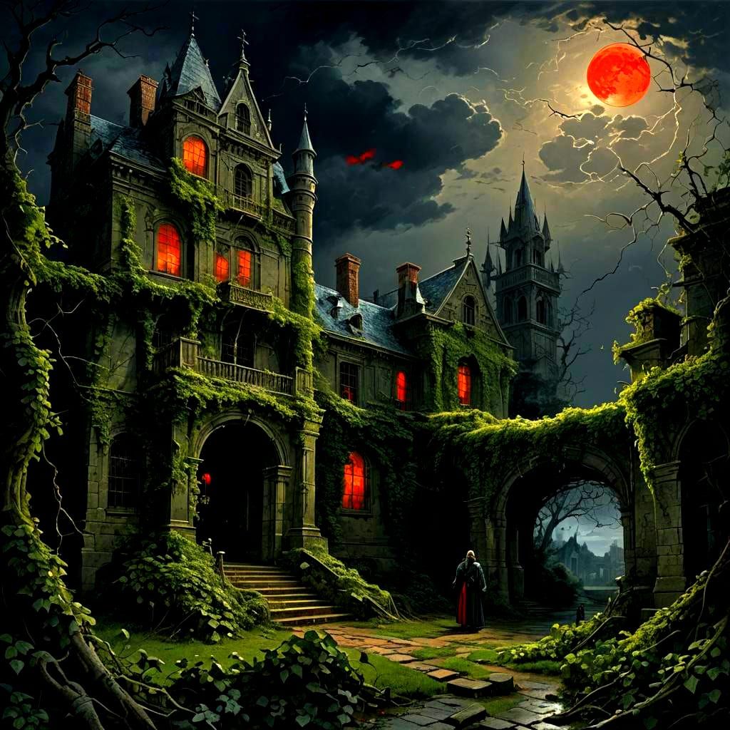 Ivy-Clad Manor in Thunderstorm: Horror Art