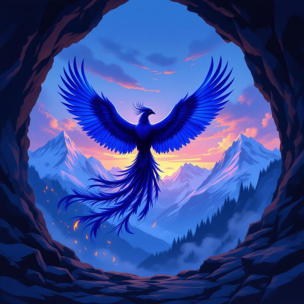 Phoenix Rises from Cave to Mountains in Painterly Style