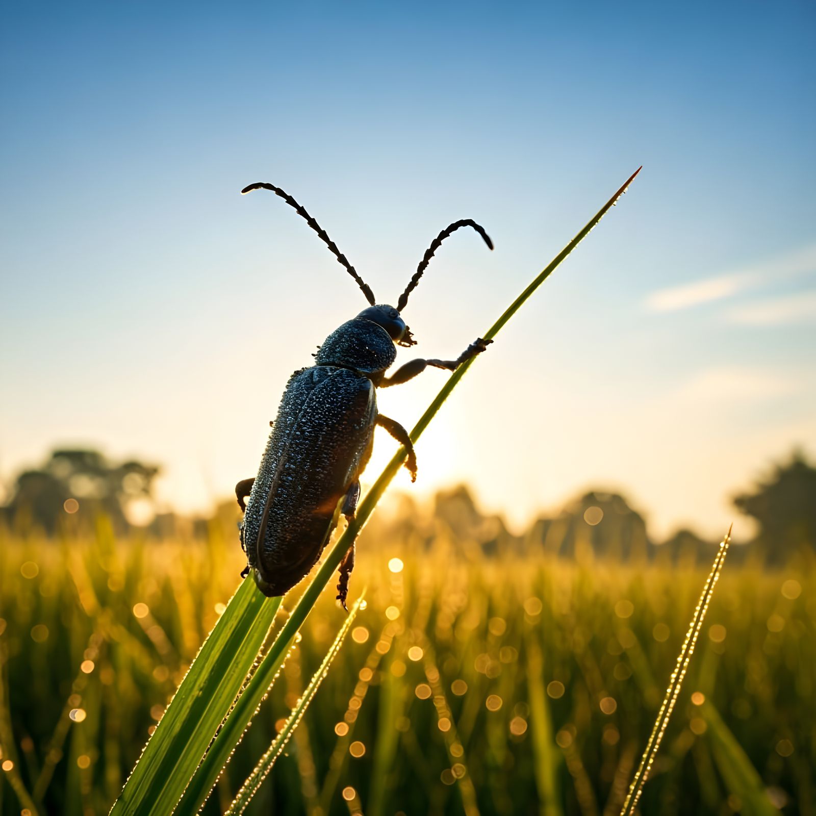 Wood Locust Beetle in Dew-Kissed Meadow