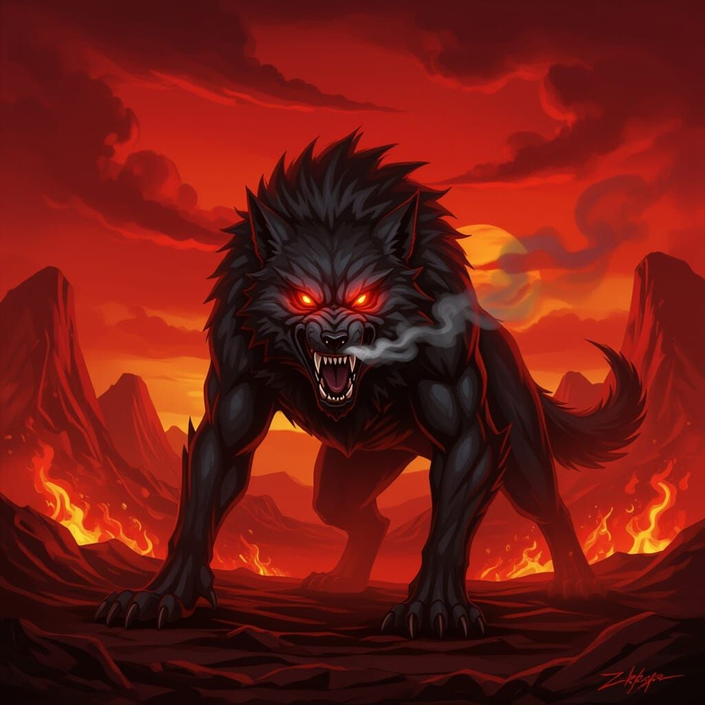 Terrifying Hellhound in Volcanic Landscape