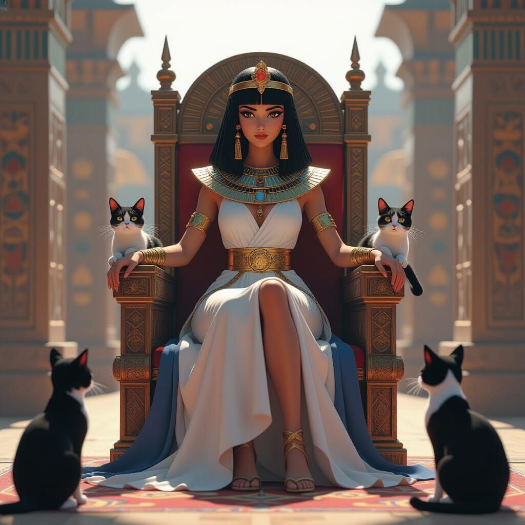 Cleopatra on a Throne Surrounded by Cats, in Anime Style