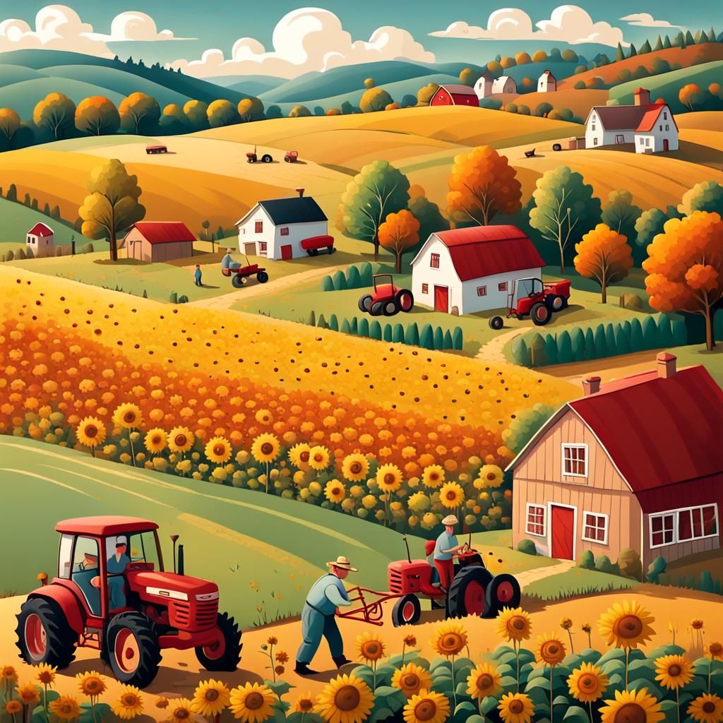 Autumn Landscape with Sunflower Harvest in Candy Art Style