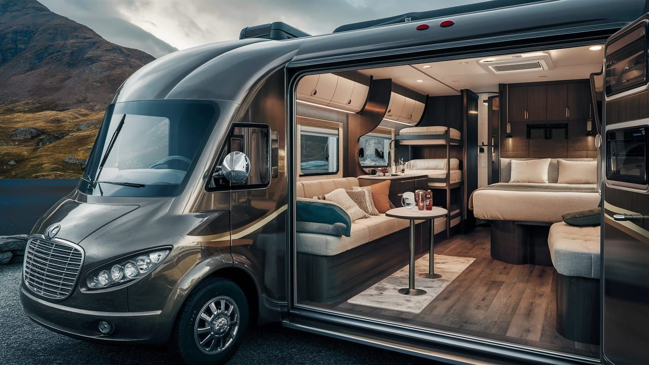 Luxury Motorhome Parked by Scenic Mountain Lake