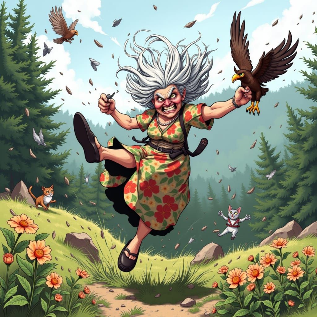 Angry Meemaw hiking in the Appalachians with her pet eagle. <lora:Angry Meemaw:1.0>