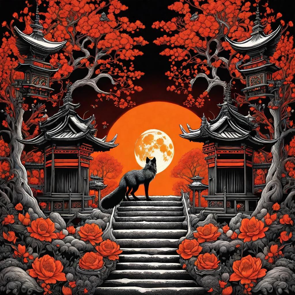 Gothic Shinto Shrine in Tim Burton Style