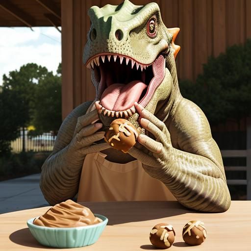 Dinosaur Enjoys Peanut Butter Treat Outdoors