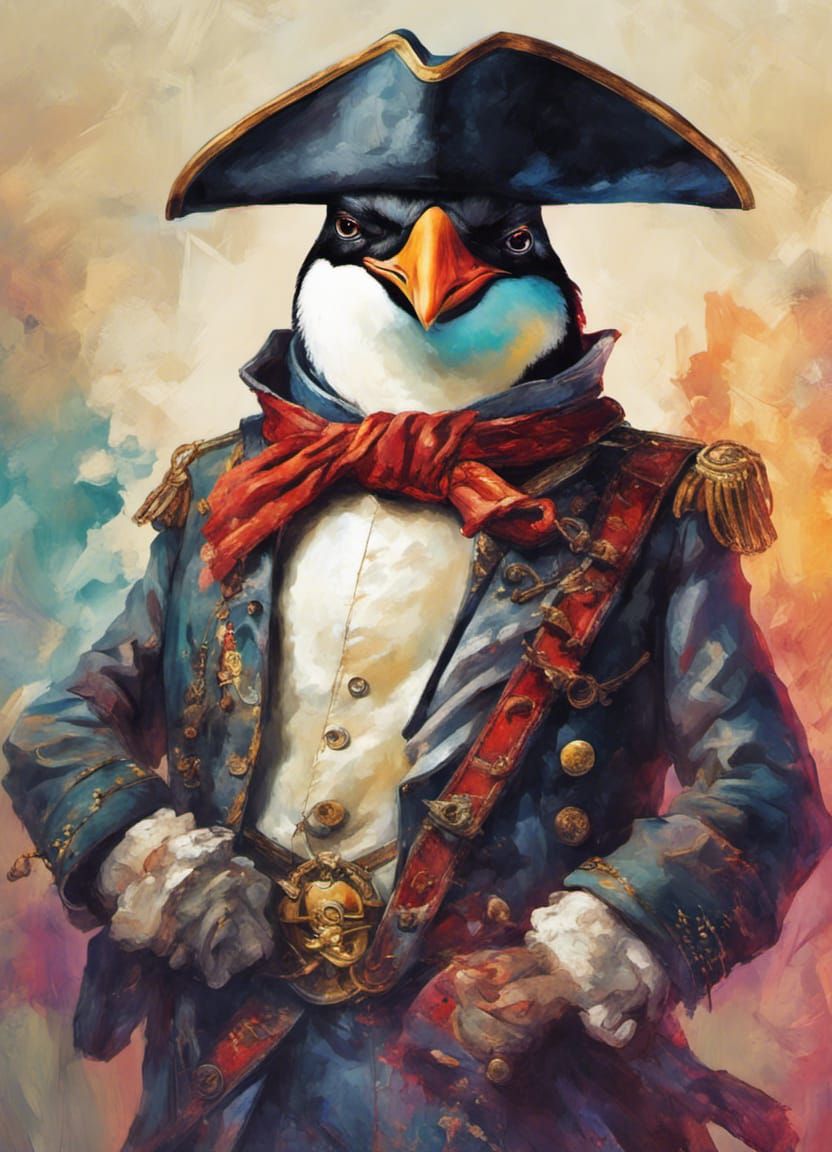 Penguin Pirate Captain in Black Light, Vivid Colors
