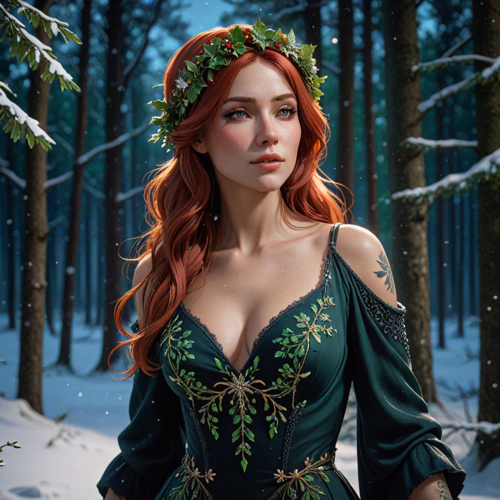 Gothic Red-Haired Girl in Winter Wonderland, Art Nouveau Sty...