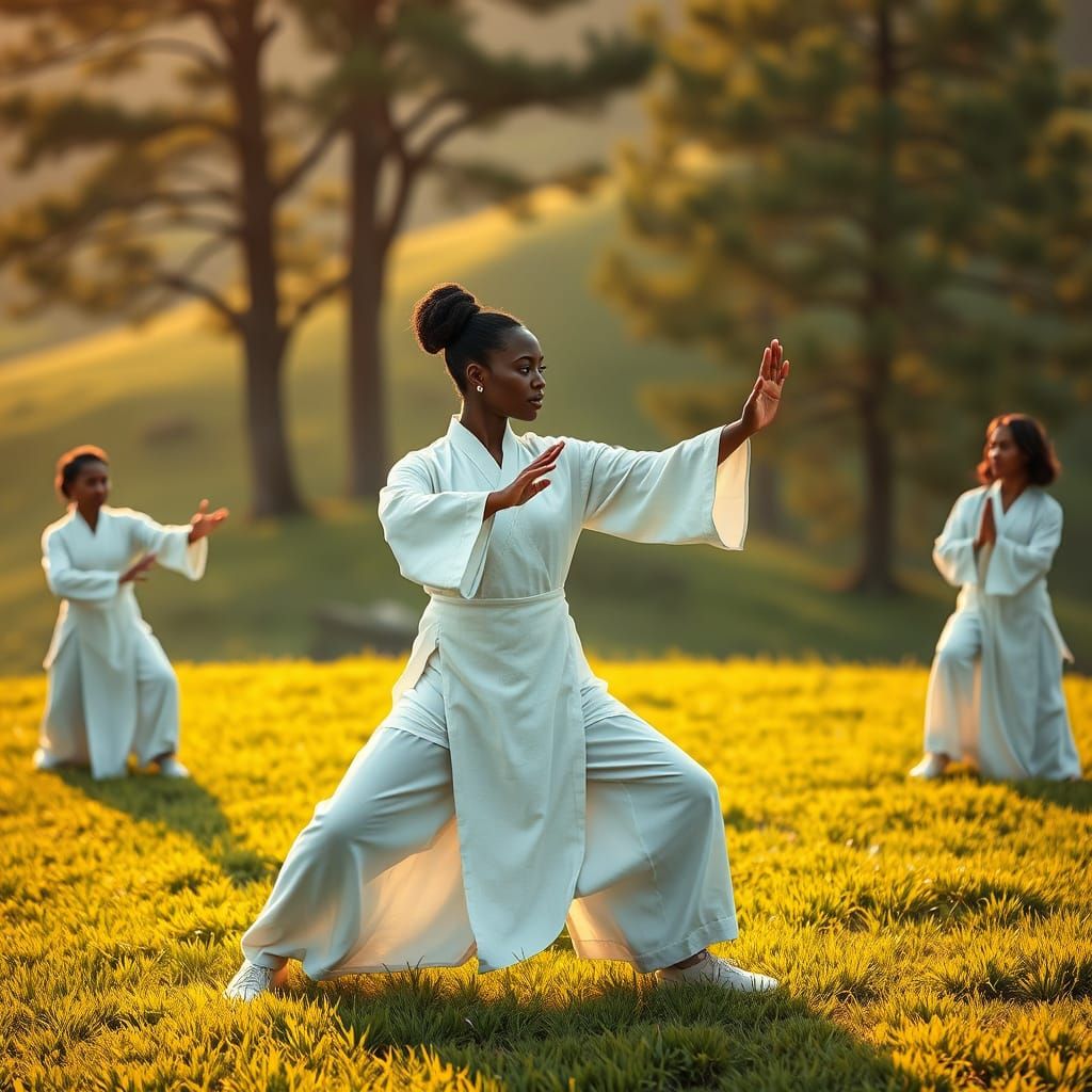 Hyperrealistic Black Women in Serene Tai Chi on a Lush Hills...