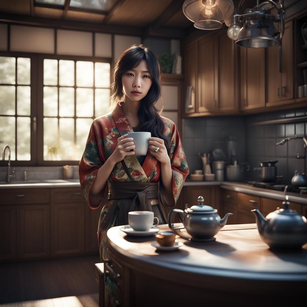 Japanese Woman's Morning Coffee in Photorealistic Style