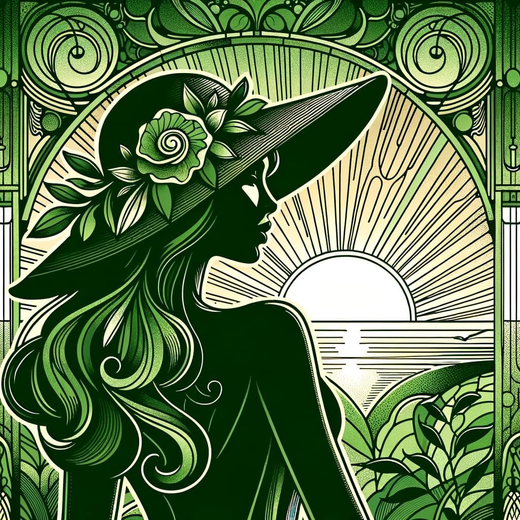 Art Nouveau Sunset: Hispanic Woman in Green Hues