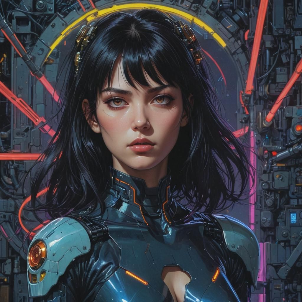 Cyberpunk Woman Portrait in Neon Manga Style