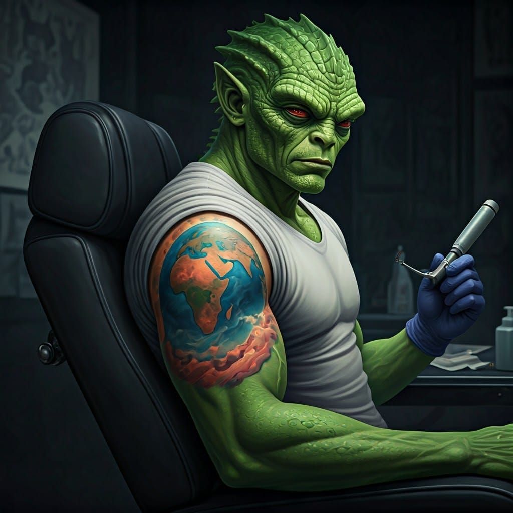 Green Alien Tattoo: Earth Art in Comic Style