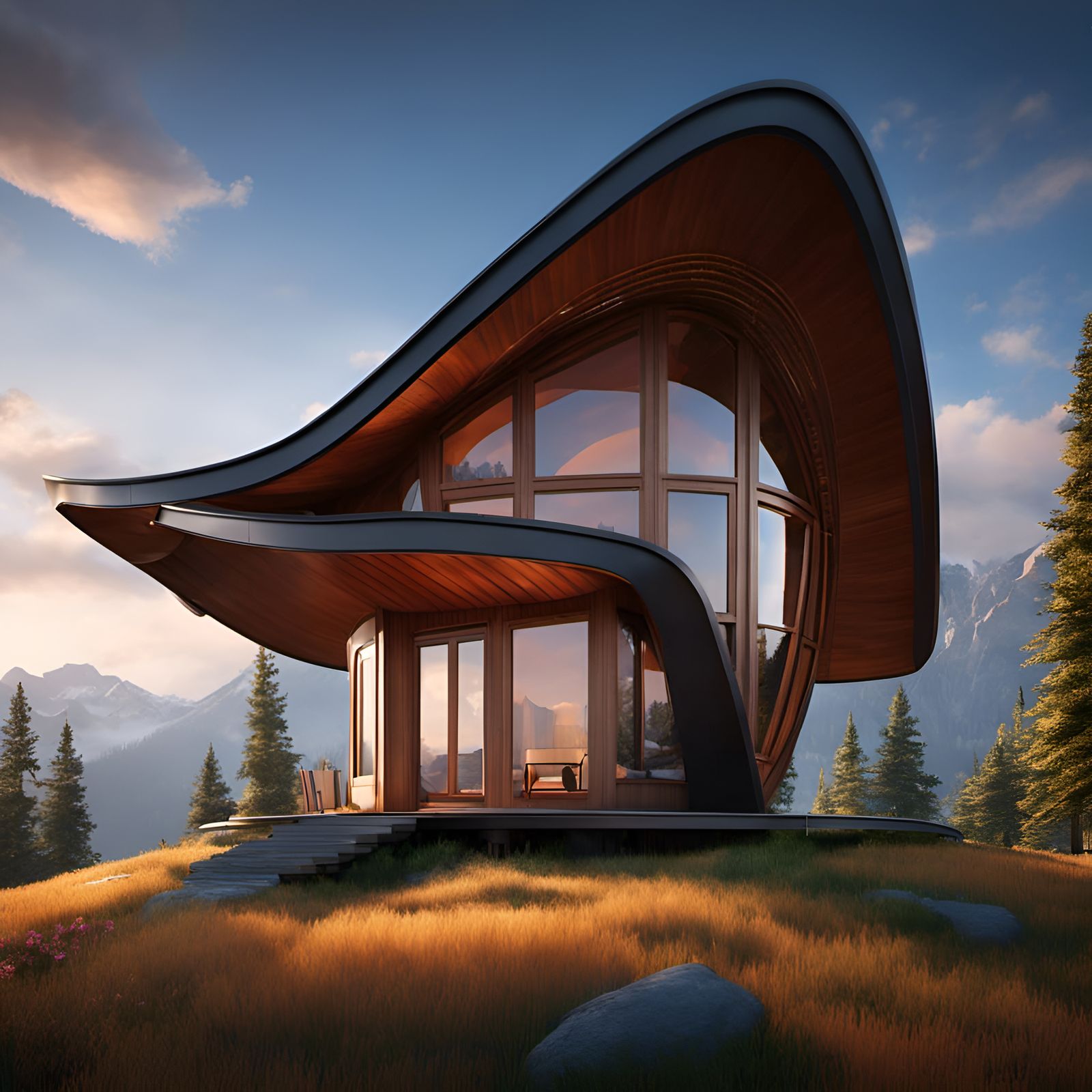 Modern Cabin with Curving Roof in Gehry Style