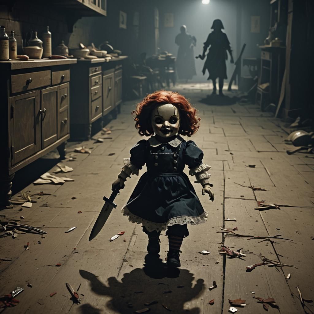 Sinister Doll with Knife in Shadow