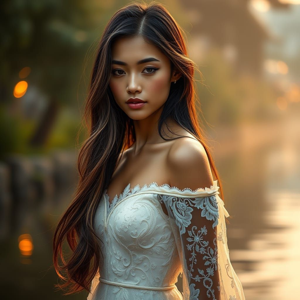 Malaysian Woman in Lace Gown by Evening Stream