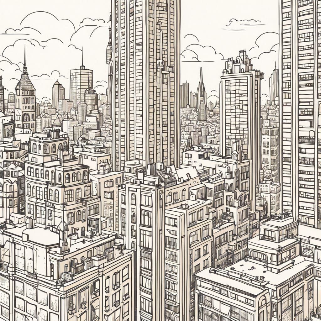 Whimsical Cityscape Line Art Illustration