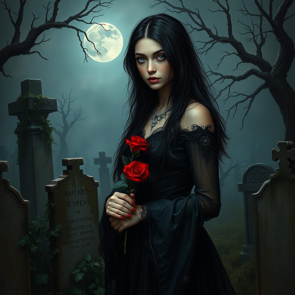 Gothic Woman in Abandoned Graveyard with Crimson Rose