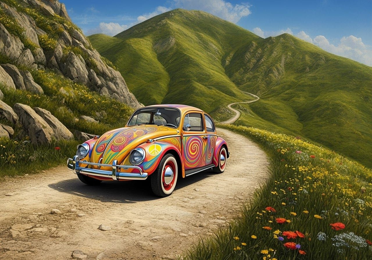 Psychedelic VW Beetle on Mountain Road in Pop Art Style