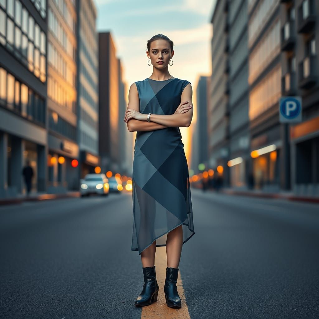 Futuristic Fashion Model in Tech Fabric Dress at Dusk