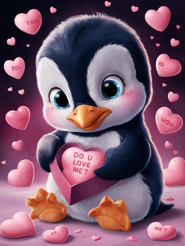 CGI Baby Penguin Holding Box of Conversation Hearts in Whims...