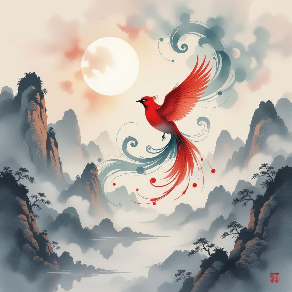 Red Bird Transforms into Celestial Ink Art