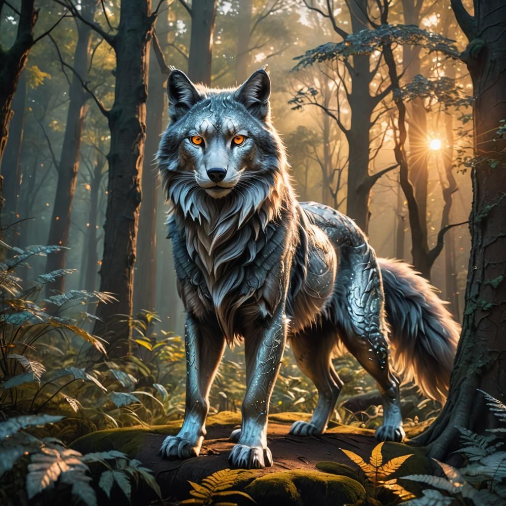 Silver Wolf in Ethereal Fantasy Forest