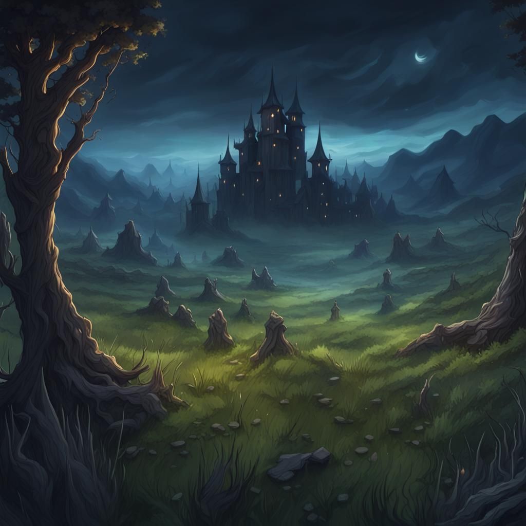 Ominous Night Meadow: Adventurers in a Fantasy Game