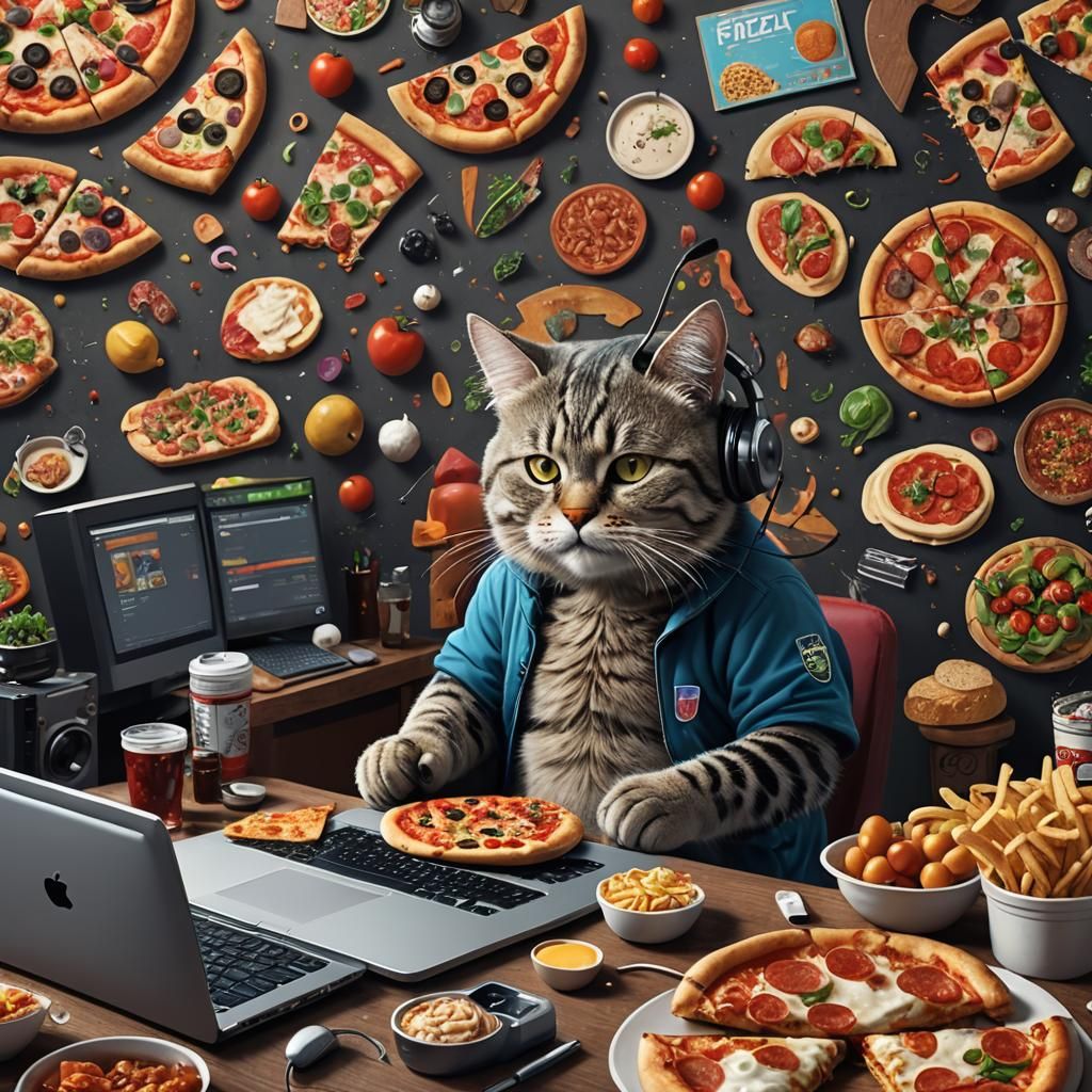Cat Gamer with Junk Food, Digital Art
