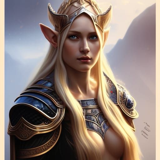 Armored Elvish Viking Woman Portrait in Art Nouveau Style