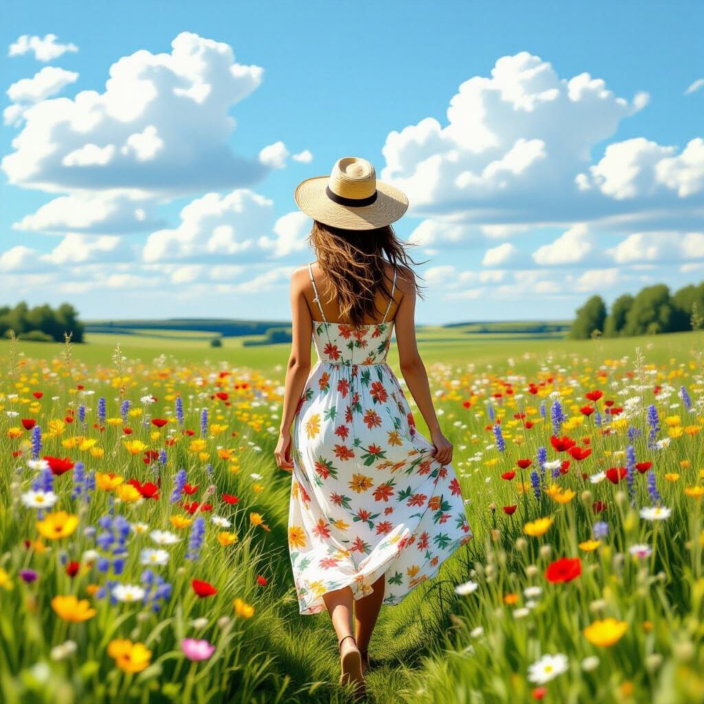 Woman in Wildflower Meadow, Photorealistic Summer Scene