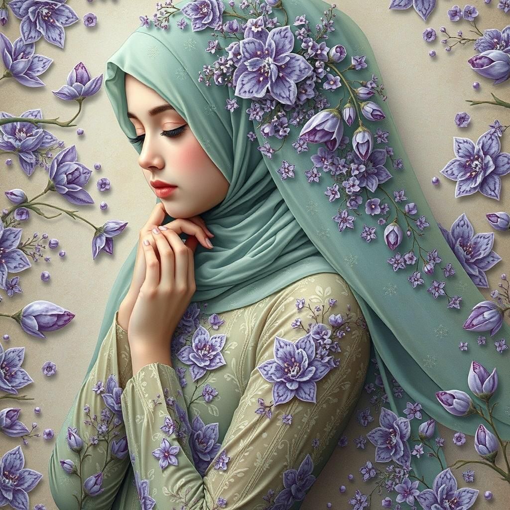 Hijab Girl with 3D Purple Flowers in Digital Art