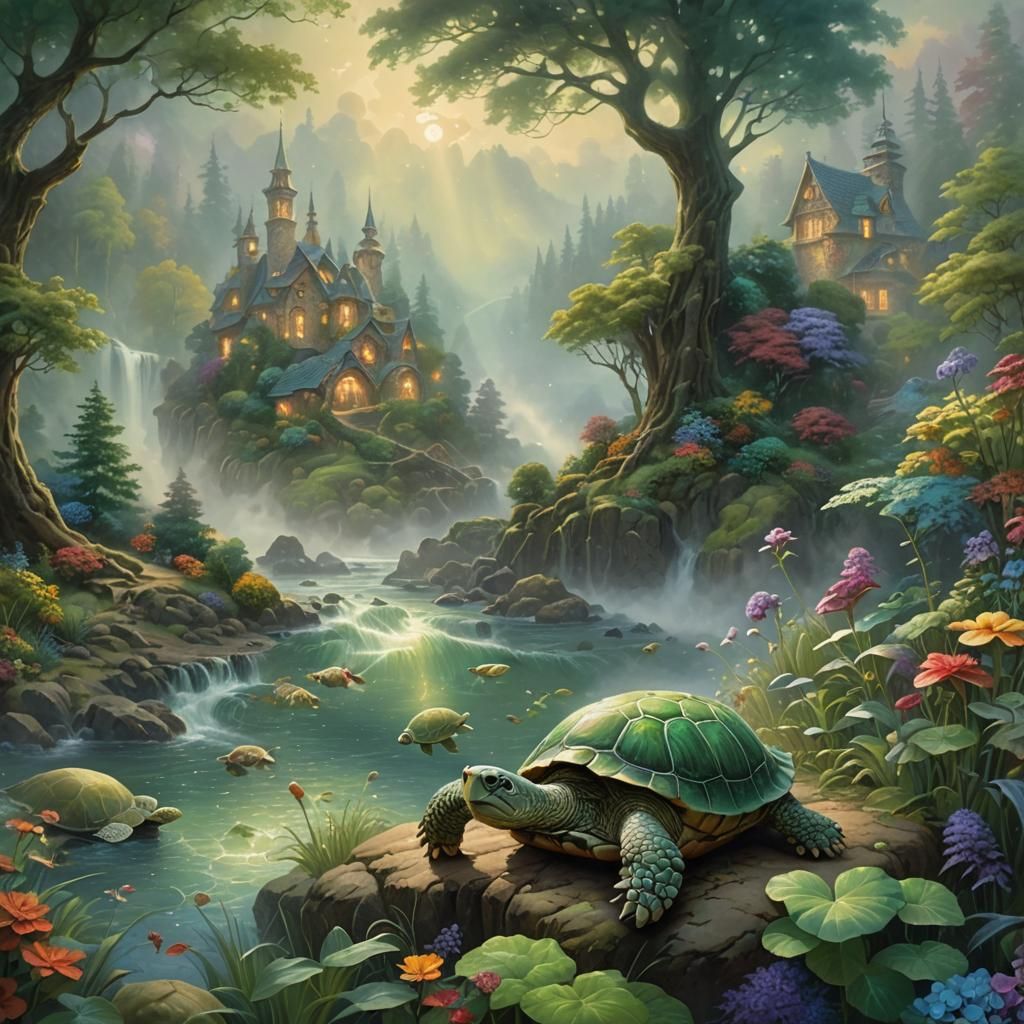 Peaceful Humanoid Turtle Contemplates Fairy Landscape