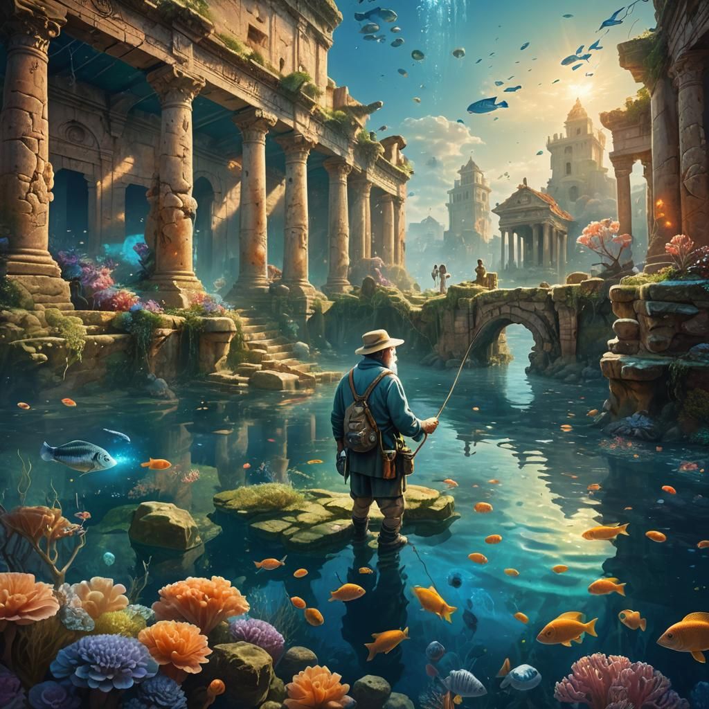 Mystical Underwater City Fisherman in Oil Painting Style