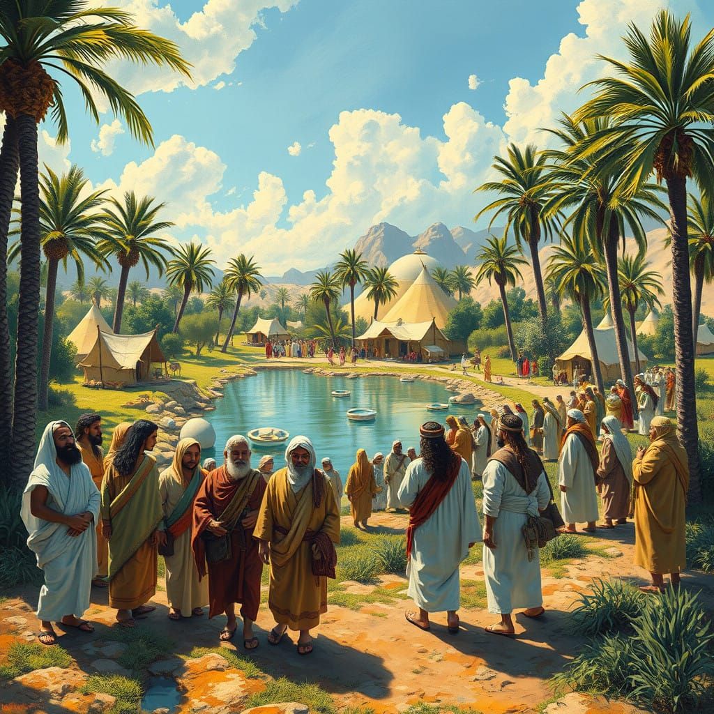 Ancient Israelites Gather at Oasis of Elim in Vibrant Middle...